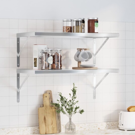 Vegghyller 2 stk 75x40x3 cm sølv rustfritt stål Vegghyller 2 stk 75x40x3 cm sølv rustfritt stål