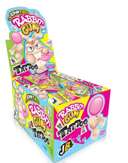 200 stk Rabbit Gum   Tutti Frutti Tyggegummi med Midlertidig Tatovering   Hel Eske 1 kg