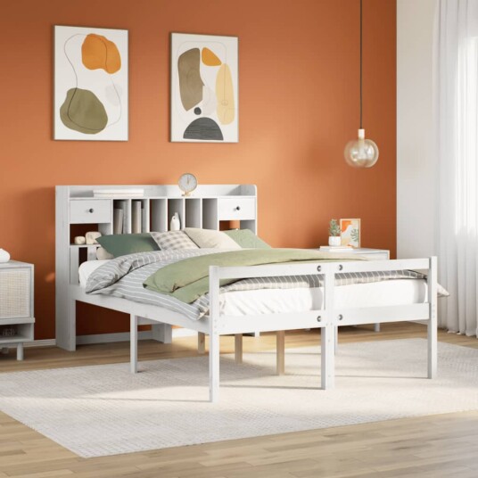  Seng med bokhylle uten madrass hvit 150x200 cm heltre furu 8721158608451