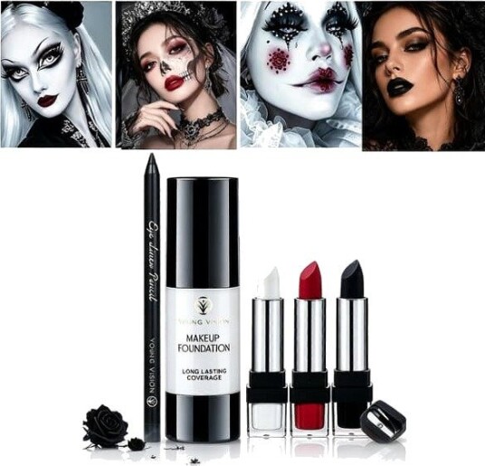 Halloween Gotisk Sminkesett med Foundation, Leppestift og Eyeliner 6 Deler