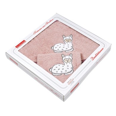 WÖRNER SÜDFROTTIER Sett badehåndkle med hette og vaskehanske Lama rosa 80 x 80 cm
