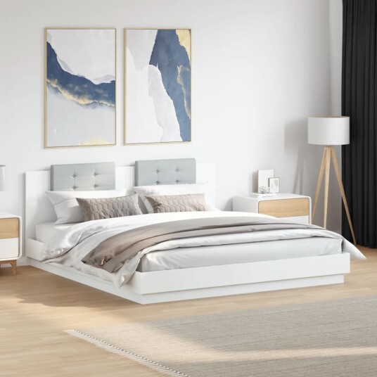 Sengeramme med hodegavl og LED-lys hvit 200x200 cm 8721012277175