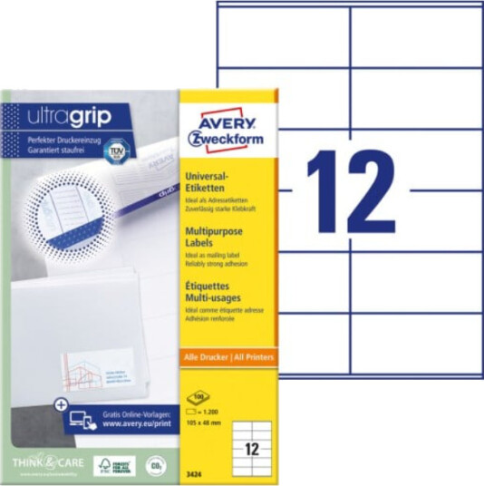 Avery Multipurpose etikett for generell bruk  Ultragrip  hvit 105 X 48 modell 3424