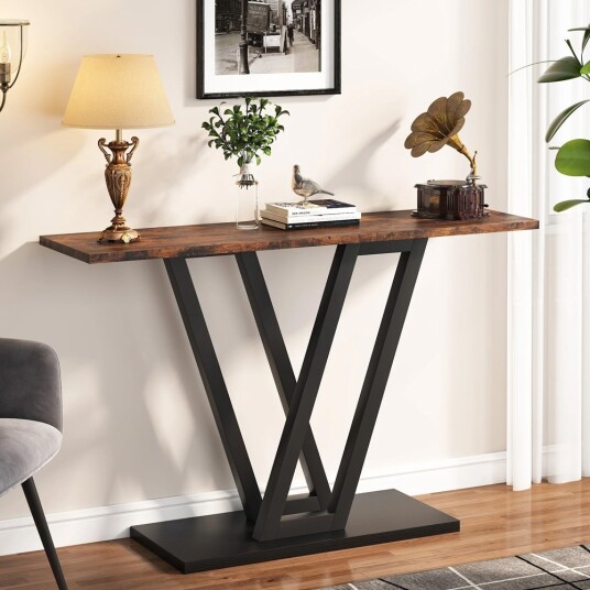 Rustikk brunt konsollbord med svart metallramme 110 x 30 cm / smalt avlastningsbord / entrébord / sidebord