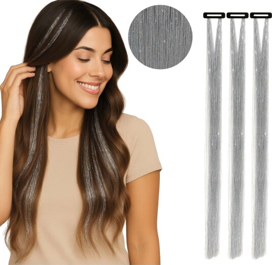 3 stk Tinsel Hair Extensions 50 cm - Sølv 3 stk Tinsel Hair Extensions 50 cm - Sølv