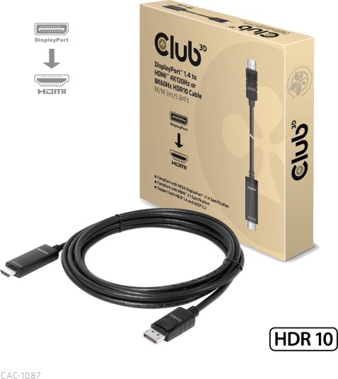 Club 3D DisplayPort 1.4 til HDMI 4K120Hz og 8K60Hz Kabel 3m