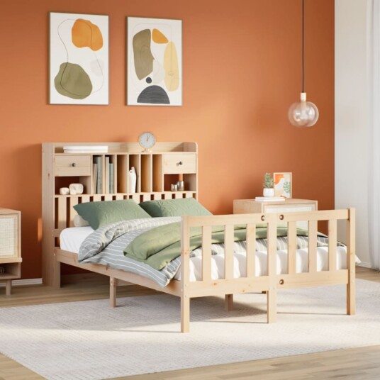 Seng med bokhylle uten madrass 120x190 cm heltre furu 8721158605184