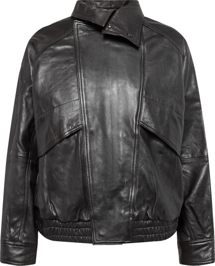 Mango Oversized Leather Jacket With Funnel Neck DARK BROWN M