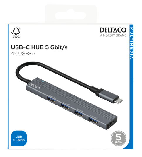 DELTACO USB-C hub, 5 Gbps, 4x USB-A female, aluminum, grey DELTACO USB-C hub, 5 Gbps, 4x USB-A female, aluminum, grey