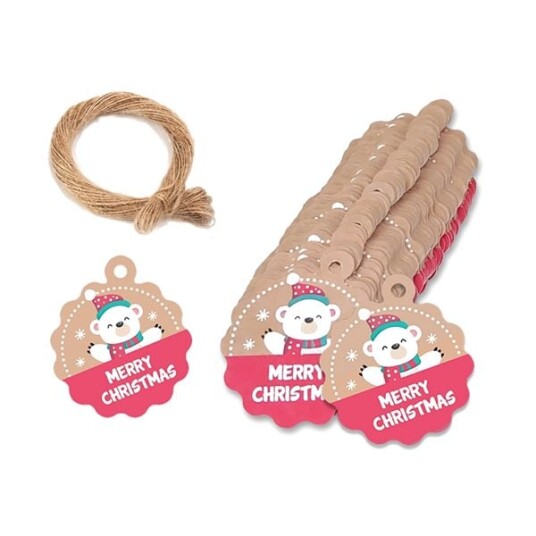 Julettiketter Merry Christmas i papp 100-pakning