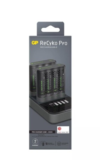 GP ReCyko Pro Batterilader med ladestasjon og 8x AA 2000 mAh Fotobatterier