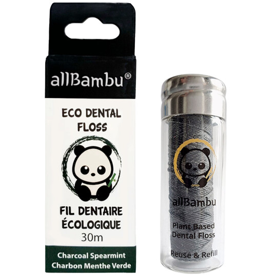 Bærekraftig tanntråd AllBambu Charcoal Spearmint 30 mtr. + Glassdispenser Bærekraftig tanntråd AllBambu Charcoal Spearmint 30 mtr. + Glassdispenser