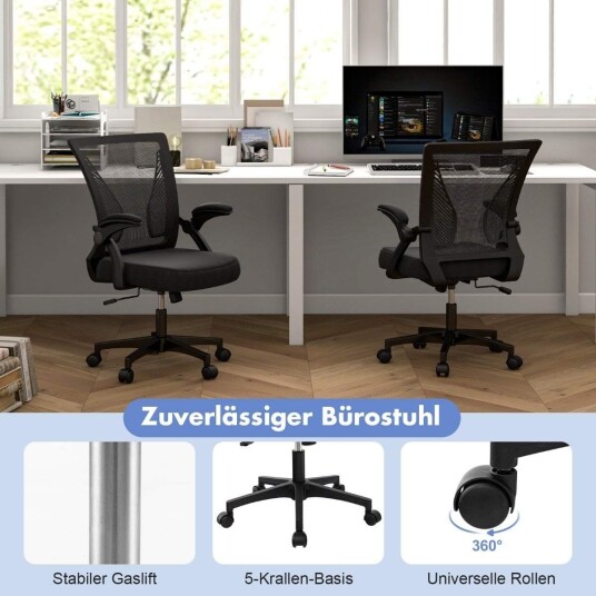 Ergonomisk kontorstol med sammenleggbare armlener Medium Back Skrivebordsstol 57 x 63 x 90 100cm Svart