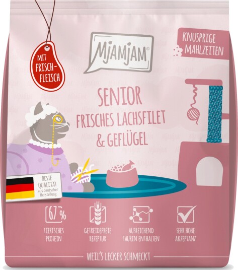Mjamjam våtfôr Senior Sprø måltider Laks & Fjærkre 1.5 kg