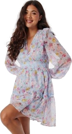 VILA Viroman New V-neck L/S Short Dress Kentucky Blue Aop:flower 40