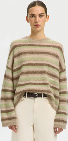 Selected Slflulu Ls Knit Button O Neck Brown XS
