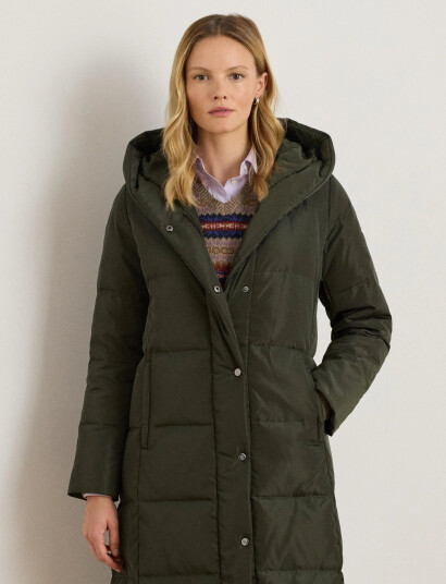 Lauren Ralph Lauren Hooded Channel Quilted Down Puffer Coat Green L Lauren Ralph Lauren Hooded Channel Quilted Down Puffer Coat Green L