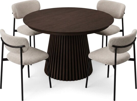 Spisegruppe Bark Peyra 120 220 cm Røkt eik Greige bouclé/metallben svart  