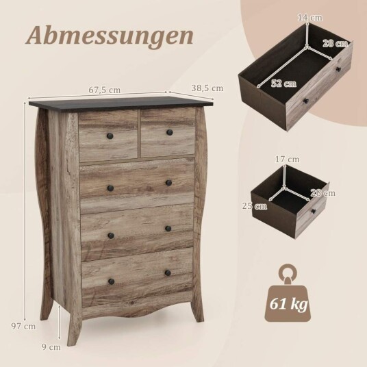 Kommode med 5 sammenleggbare stoffskuffer skjenk i landlig stil skuffeskap brun