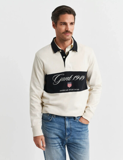 GANT Blocked Heavy Rugger - Cream - XL