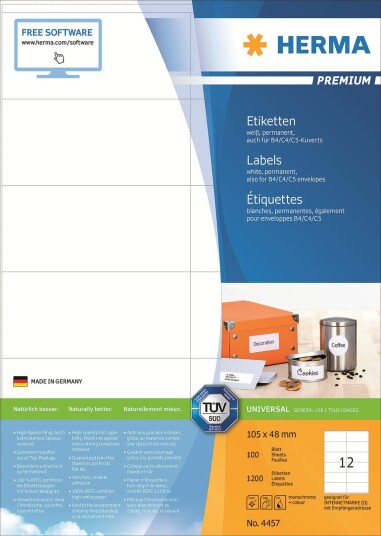 Herma Premium - Papir - Matt - Permanent Selv-Adhesiv - Hvit - 105 X 48 Mm 1200 Etikett(Er) (100 Ark X 12) Laminerte Etiketter