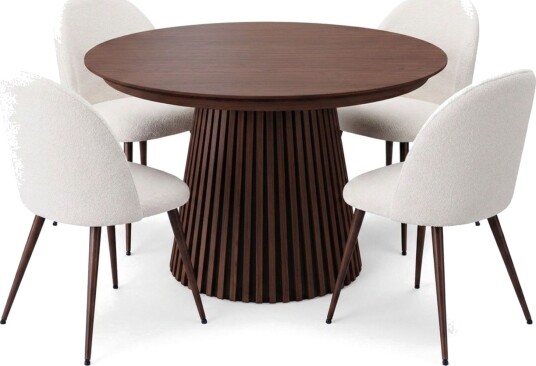 Spisegruppe Bark Peyra 120 220 cm Valnøtt Hvit bouclé/Metallben Valnøtt  