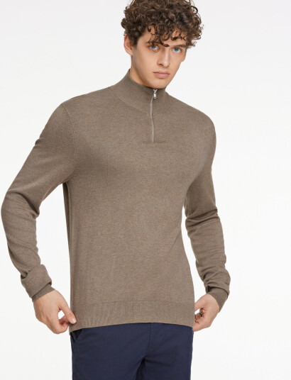 Lindbergh Ecovero Half Zip L/S Knit - Brown - M