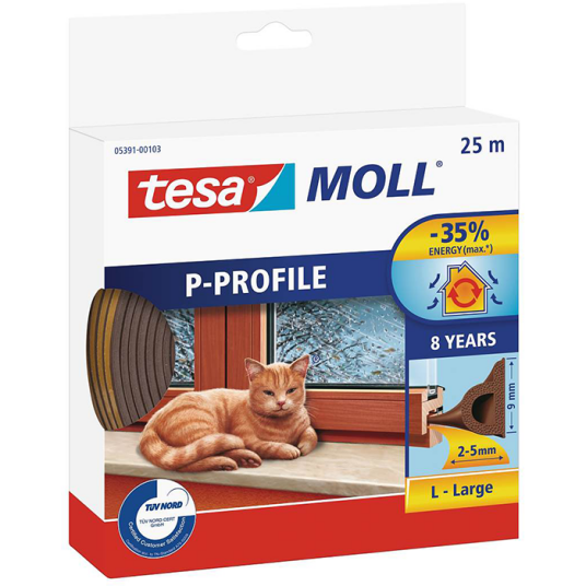 Tesa P-list EPDM Tetningstape 25 m 9 mm x 5.5 mm Brun for Isolering av Vindu og Dør