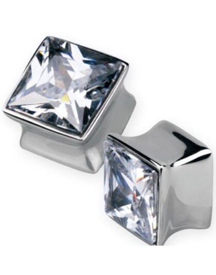 Firkantet Piercing Plugg med Klar Diamant Strl 10 mm