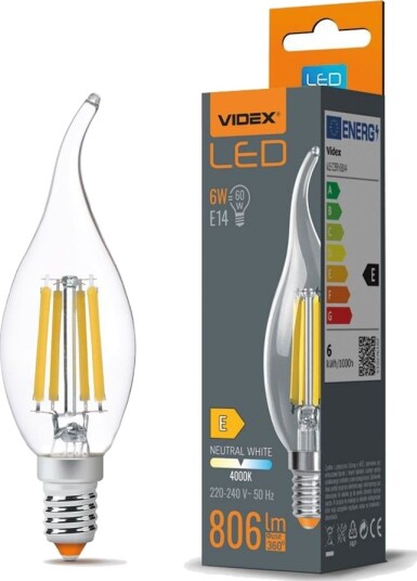Videx E14 6W LED filament kertepære med flamme C35 806lm 4000K flicker free erstatter 60W Kulør : Nøytral Videx E14 6W LED filament kertepære med flamme C35 806lm 4000K flicker free erstatter 60W Kulør : Nøytral