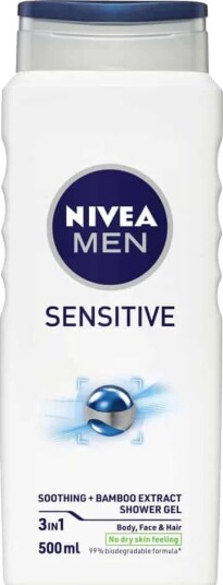 NIVEA MEN Sensitive 3-i-1 Shower Gel – til kropp, ansikt og hår, 500 ml