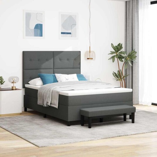  Bokfjær Seng med Madrass & Benk Mørk Grå 140x200 cm Stoff