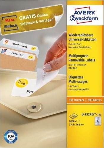 Avery L4732rev 100 Hvit Selvklebende Skriveretikett A4 Papir Laser/Blekkskriver Avtagbar