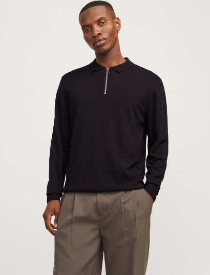 Jack & Jones Jjeemil Knit Polo Half Zip Ls Noos - Black - XL Jack & Jones Jjeemil Knit Polo Half Zip Ls Noos - Black - XL