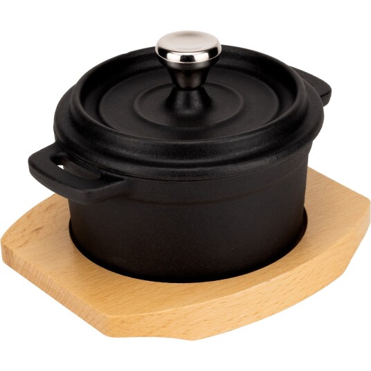 Essentials Serveringsgryte i støpejern 10 cm, bordskåner i tre
