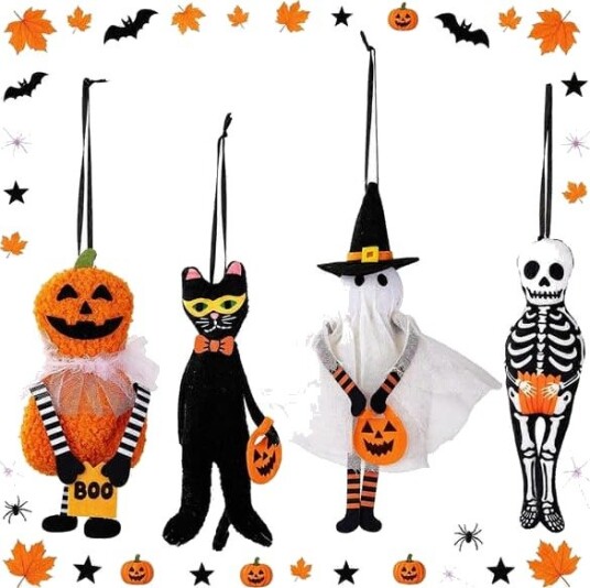 Halloween Hengende Tredekorasjoner med Gresskar, Katt, Spøkelse og Skjelett 4 stk