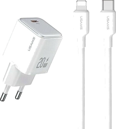 Usams-Lader Usams Us-Cc183 Usb-C 20W Pd3.0 Nettverkslader + Us-Sj610 Usb-C / Lightning-Kabel Hvit/Hvit