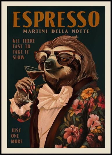 Art Deco Espresso Martini Drinking Sloth Plakat Plakat / 40x50cm