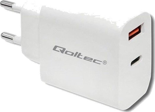 Qoltec Strmadapter 51714 - 18 W USB-C PD og USB QC 3.0 - Hvit