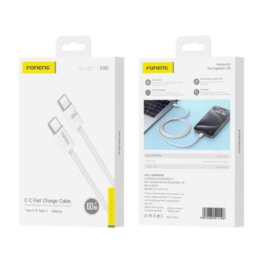 FONENG X110 USB C til USB C Hurtigladerkabel – 60W 1,2m Hvit