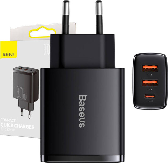 Baseus 30W Hurtiglader med 2xUSB-A og 1xUSB-C - Svart
