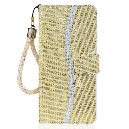 INCOVER Samsung Galaxy A24 Kunstskinn Deksel med Lommebok og Stropp - Glitter Design - Gull