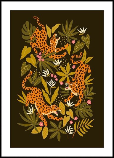 Leopards or jaguars with tropical leaves and plants on dark black background Plakat Plakat / 40x50cm