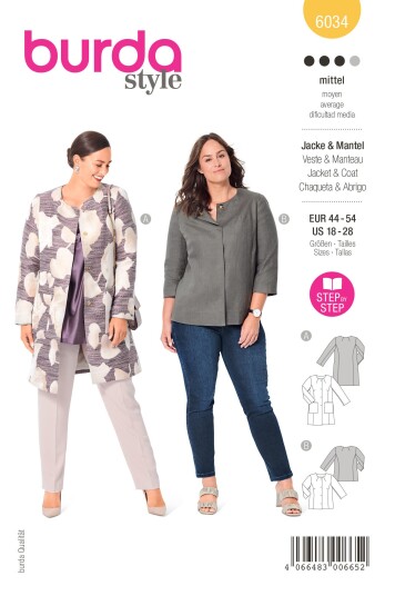 Burda 6034 - Jakke & Kåpe EUR: 44-54, US: 18-28