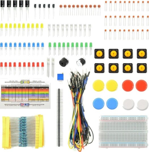 Sett med assorterte elektronikkomponenter + koblingsbrett - 31 elementer Sett med assorterte elektronikkomponenter + koblingsbrett - 31 elementer
