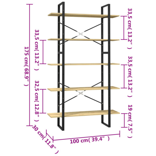 vidaXL Bokhylle 5 niv?er 100x30x175 cm furu