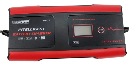 Absaar PRO 6.0 Batterilader â 12/24V 6A LCD 11-trinn IP65 â Rød Absaar PRO 6.0 Batterilader â 12/24V 6A LCD 11-trinn IP65 â Rød