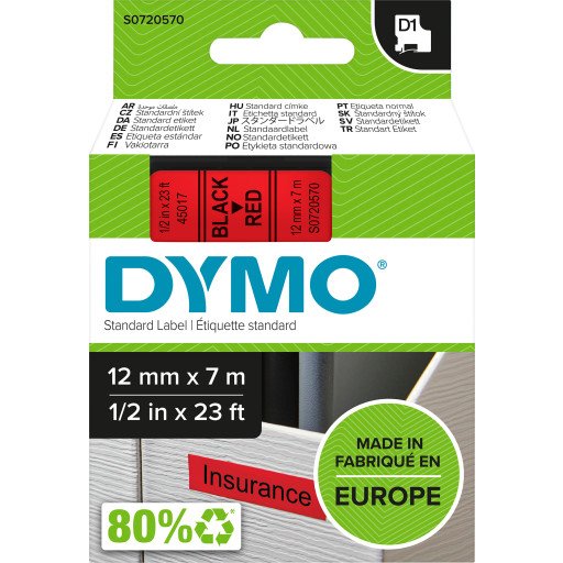 Dymo D1 12mm Etikettbånd Svart/Rød 7m for Håndverktøy