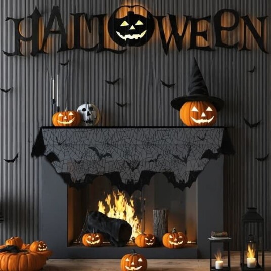 Halloween Svart Blondegardin med Flaggermusmotiv 200 x 50 cm
