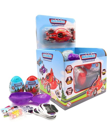 18 stk Buildables Surprise   Surprise Egg med Biler Klistremerker og Godteri   Hel Eske